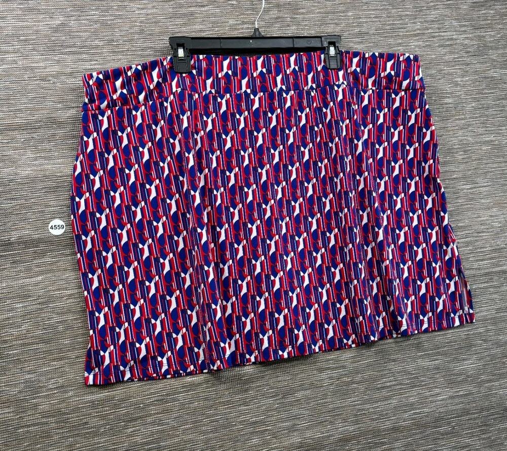 Susan Graver Printed Liquid Knit 8-Gore Pull-On Skort Size 3X Red Blue Geometric